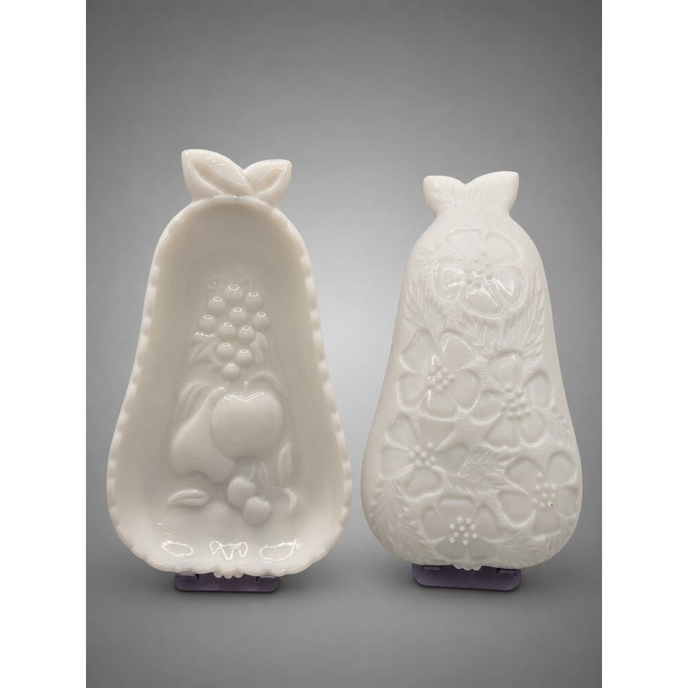 Vintage White Milk Glass Pear Shaped Trinket Dish Fruit Relief Floral Design